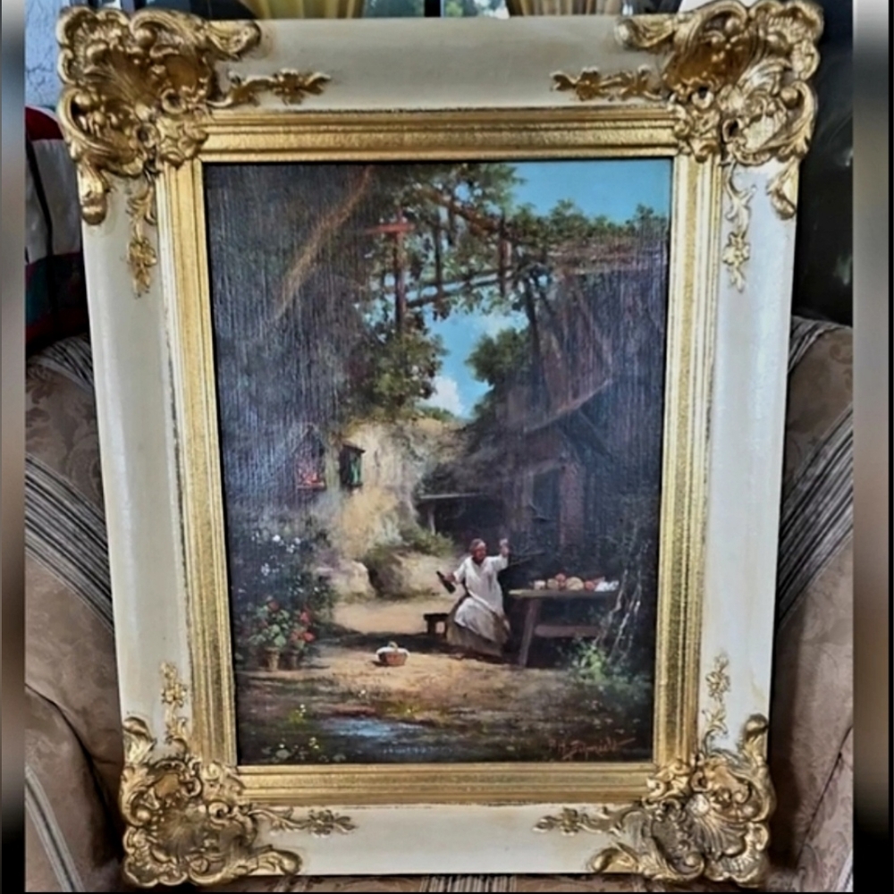 CLEARANCE 21" 19th c Authentic Romantic Oil On Canvas Signed Painting Gold Frame